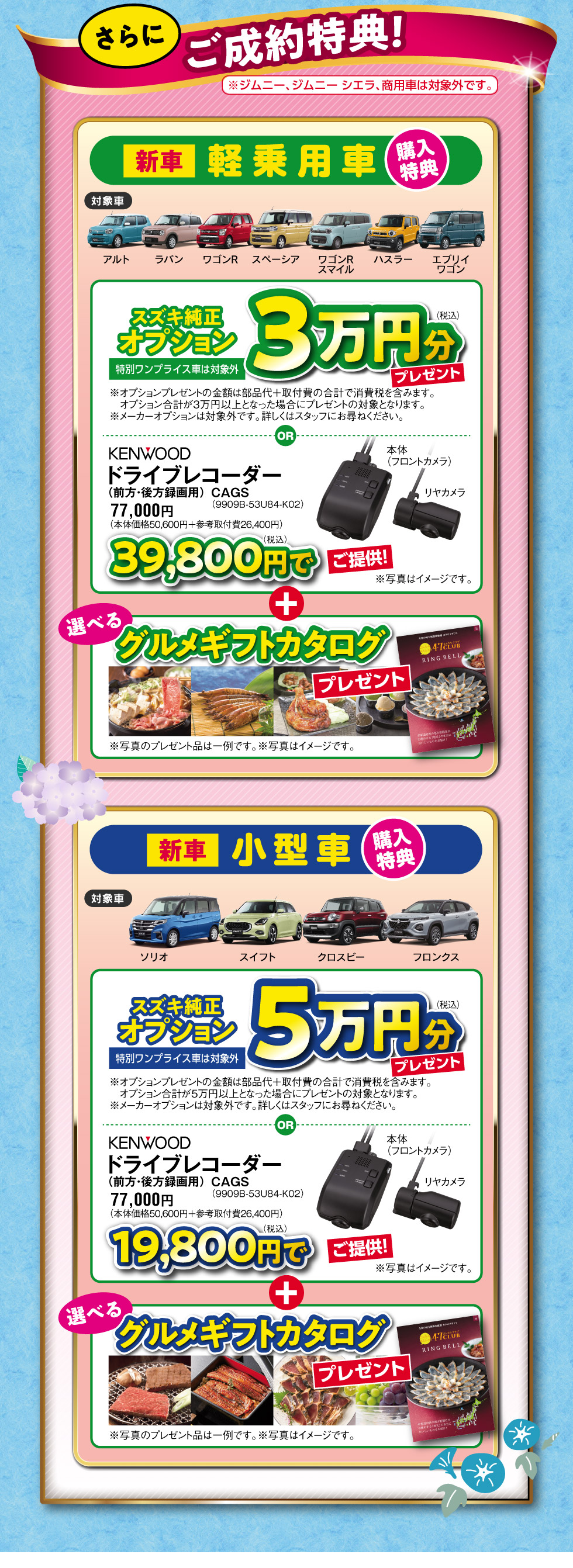 さらにご成約で『オプションプレゼント or ドライブレコーダー特価』＋『グルメギフトカタログ』プレゼント！